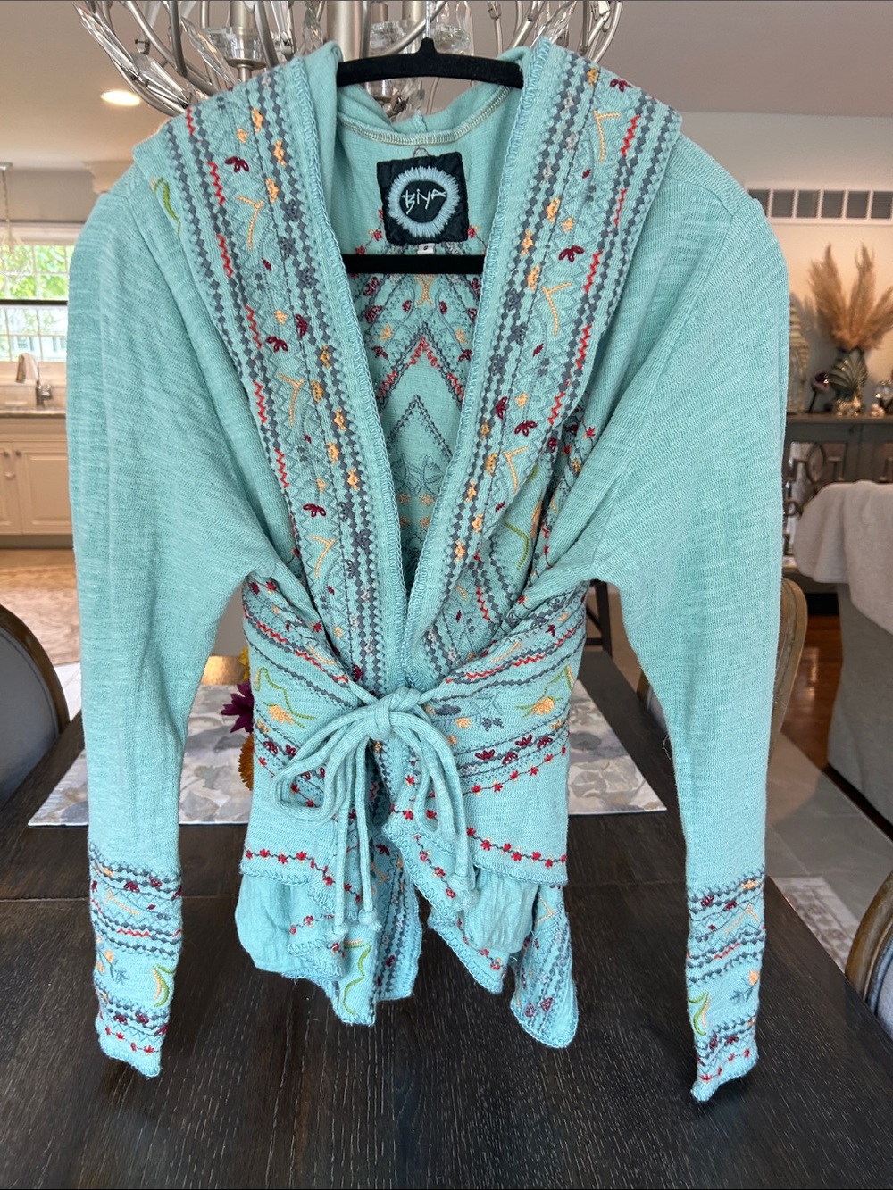 Johnny Was black label BIYA Teal wrap, embroidered sweater.